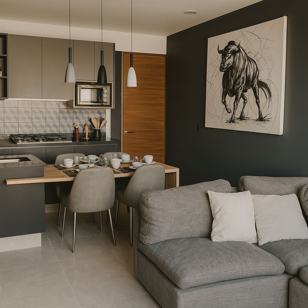 Sala, comedor y cocina integral